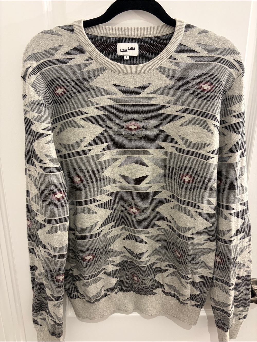 Frank & Oak Men's Gray Southwestern Pattern Crewneck with Maroon Accents